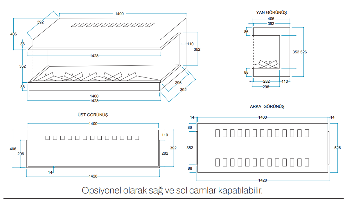 Coza 140 cm 3 Tarafı Camlı Elektrikli Şömine - Görsel 2