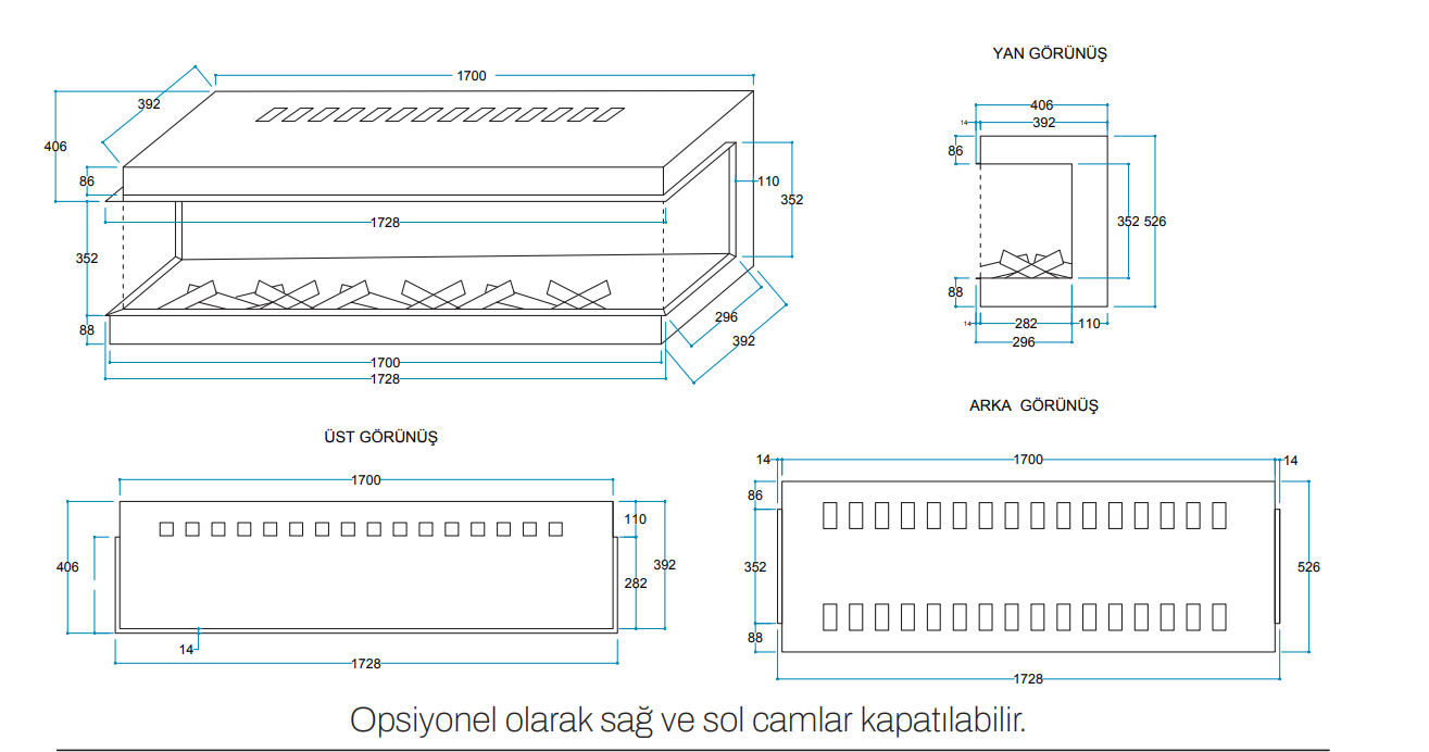 Coza 170 cm 3 Tarafı Camlı Elektrikli Şömine - Görsel 2