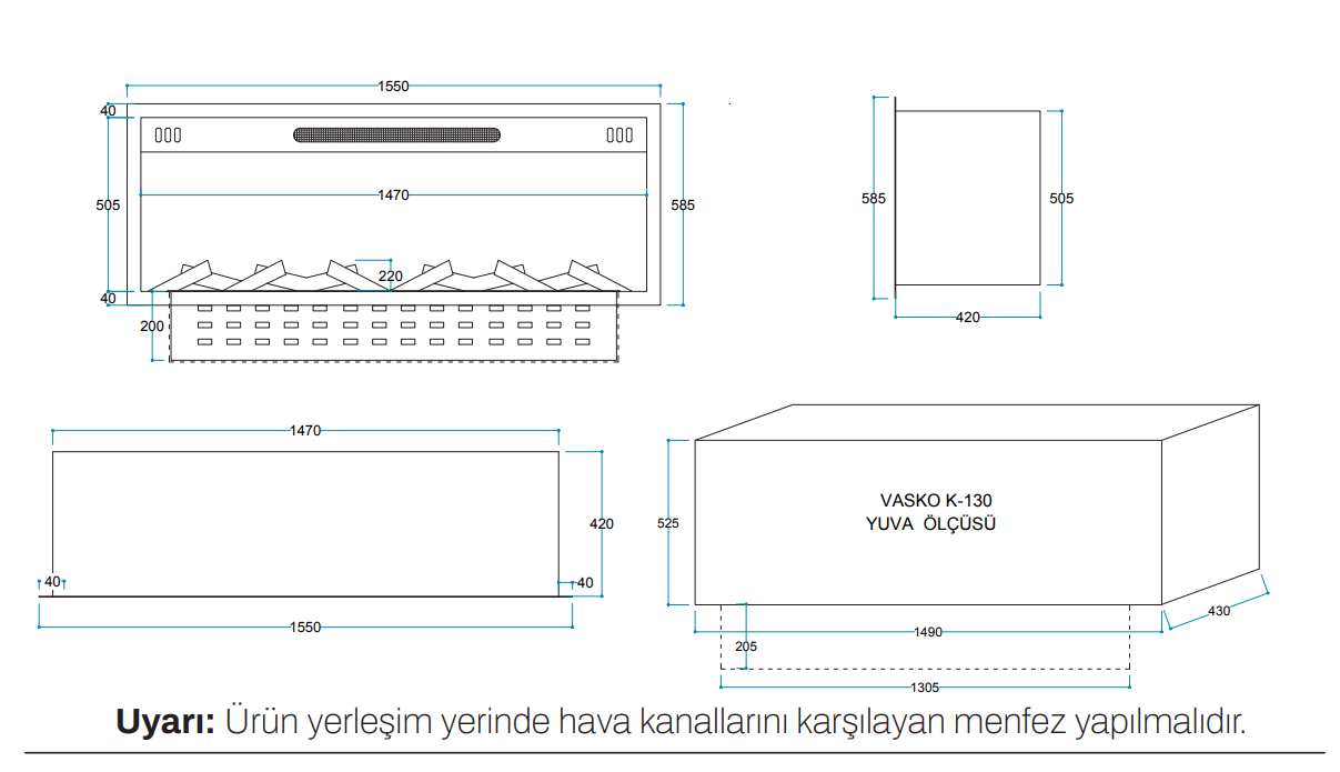 Vasko K 130 cm 3 Boyutlu Elektrikli Şömine (Isılı, Ses Efektli) - Görsel 2