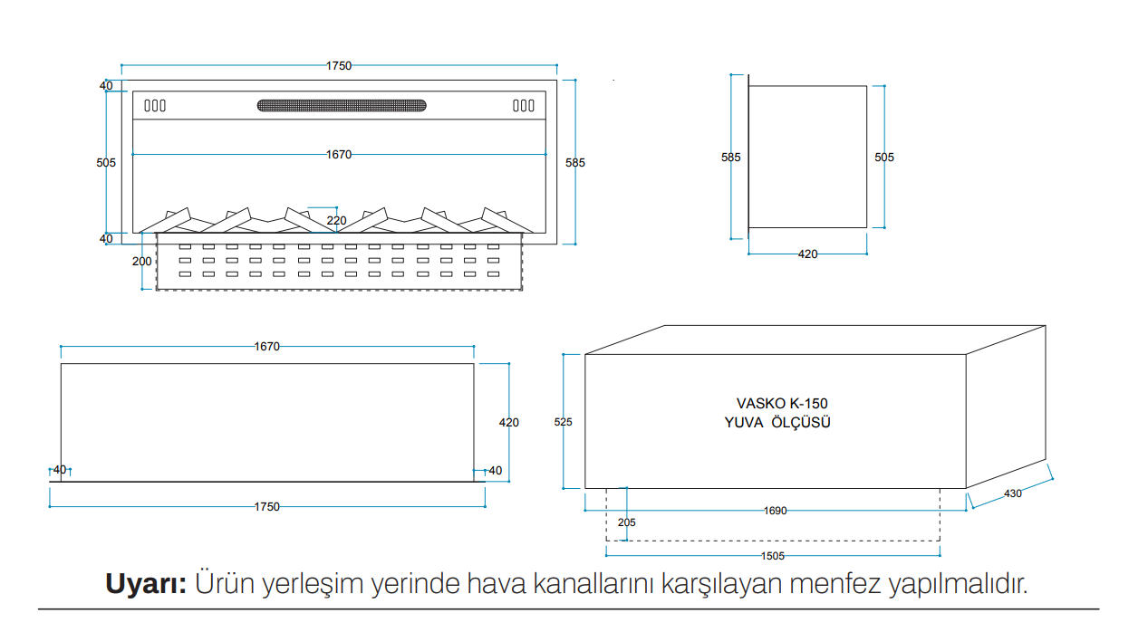 Vasko K 150 cm 3 Boyutlu Elektrikli Şömine (Isılı, Ses Efektli) - Görsel 2