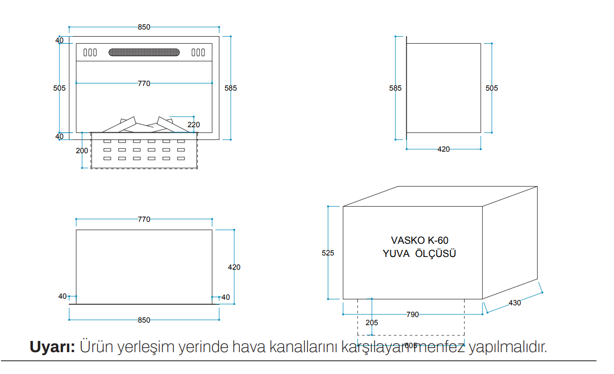 Vasko K 60 cm 3 Boyutlu Elektrikli Şömine (Isılı, Ses Efektli) - Görsel 2