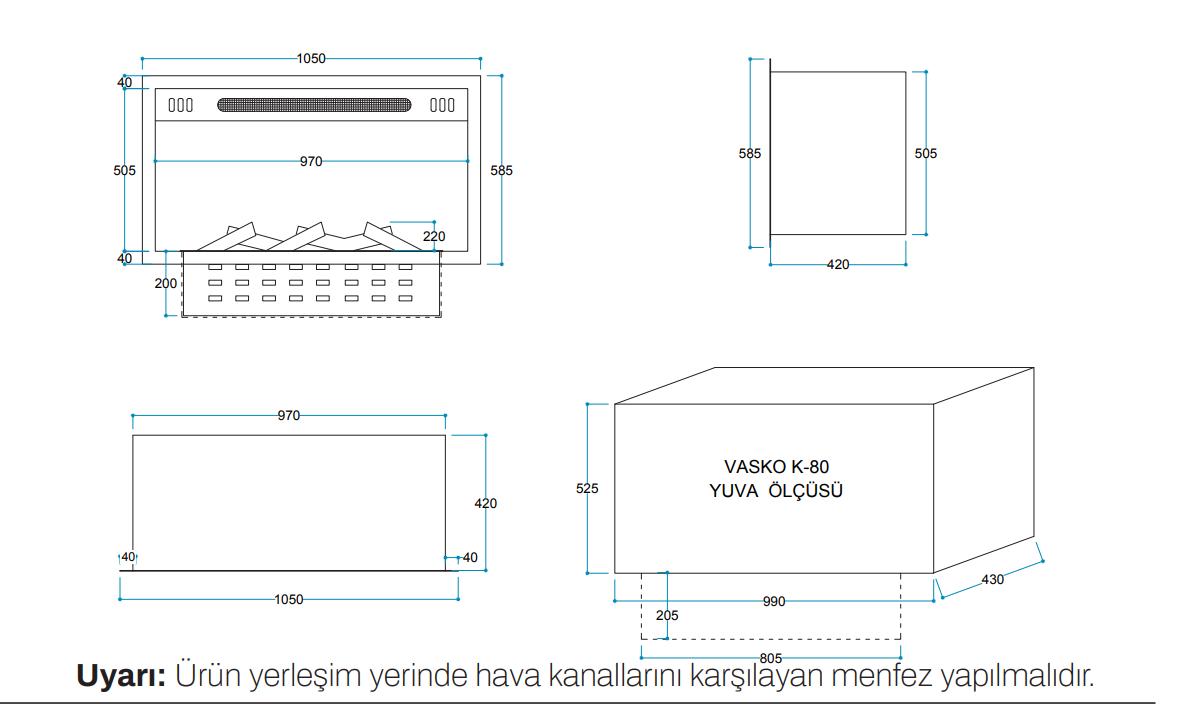 Vasko K 80 cm 3 Boyutlu Elektrikli Şömine (Isılı, Ses Efektli) - Görsel 2