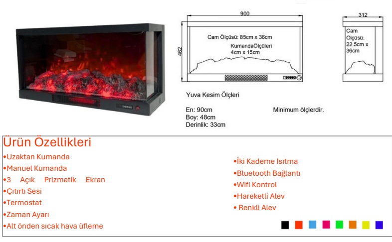 Alaz 90 cm Sağ Açık Elektrikli Şömine - Görsel 3