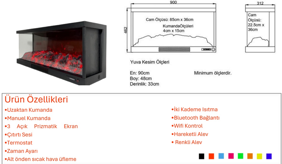 Alaz 90 cm Sol Açık Elektrikli Şömine - Görsel 3