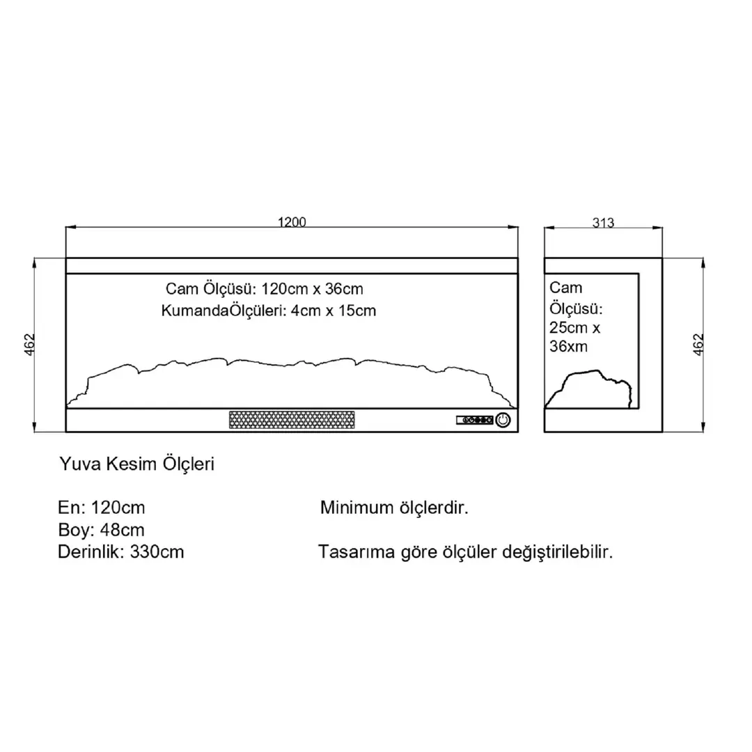 Alaz 120 cm 3 Tarafı Açık Elektrikli Şömine - Görsel 3